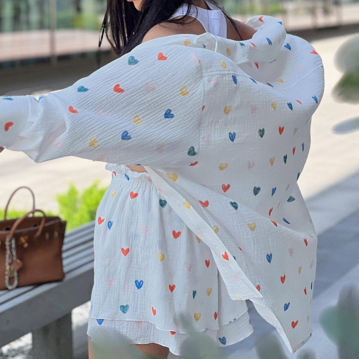 Women's Cotton Linen Two-Piece Set - Casual Heart Print Outfit
