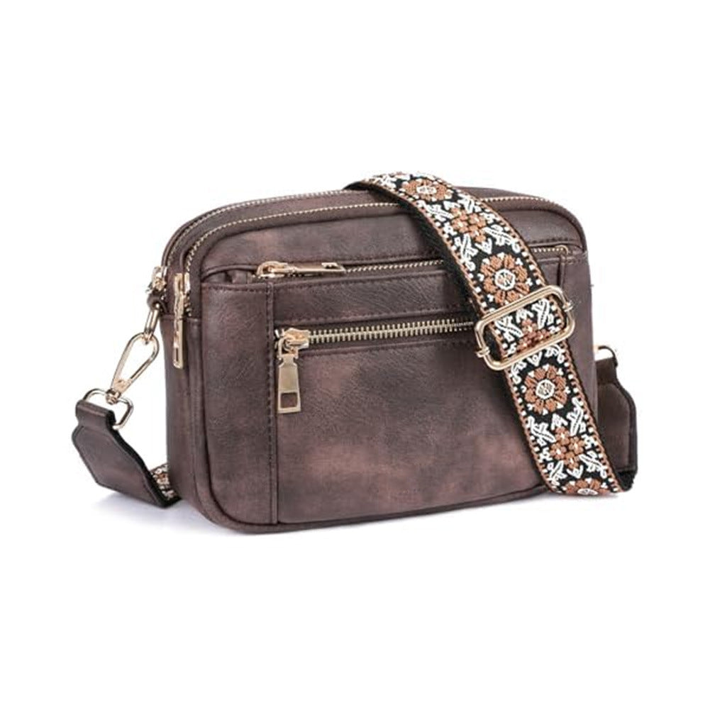 Floral Embroidered Crossbody Bag - Triple-Zip Colorblock Shoulder Bag for Women