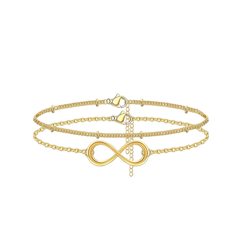 Dainty Layered Gold Bracelet for Women – 14K Gold Plated Oval Chain, Bar & Bead Adjustable