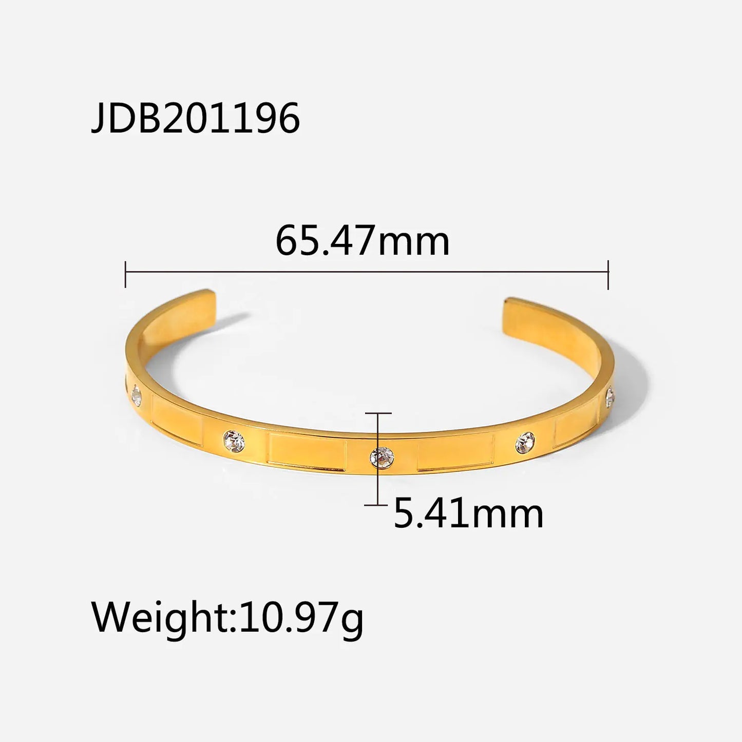 Gold bracelet with measurements and weight on a white background
