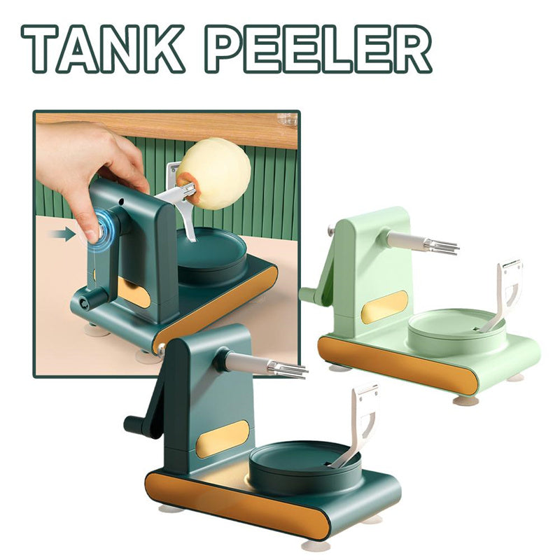 Tank peeler with a close-up inset showing its use on a white background