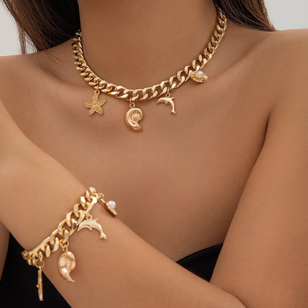 Boho Conch Dolphin Starfish Choker Necklace & Bracelet | Gold Vintage Tassel Jewelry for Women