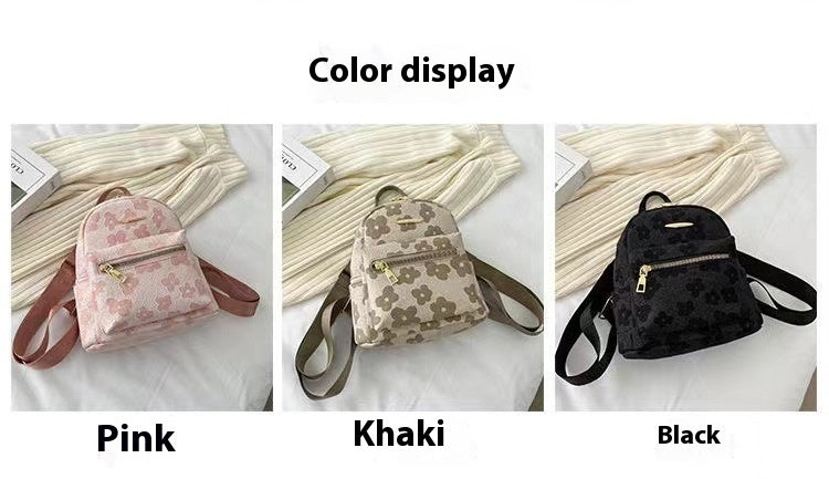 Three backpacks in pink, khaki, and black on a white background with color labels.