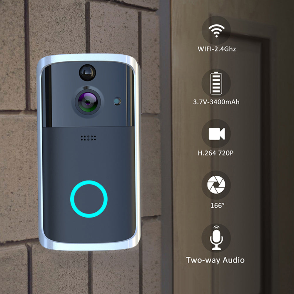 Smart doorbell attached to a brick wall with technical specifications displayed.