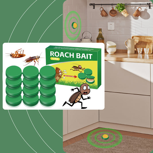 Roach bait packaging with roaches and a kitchen background