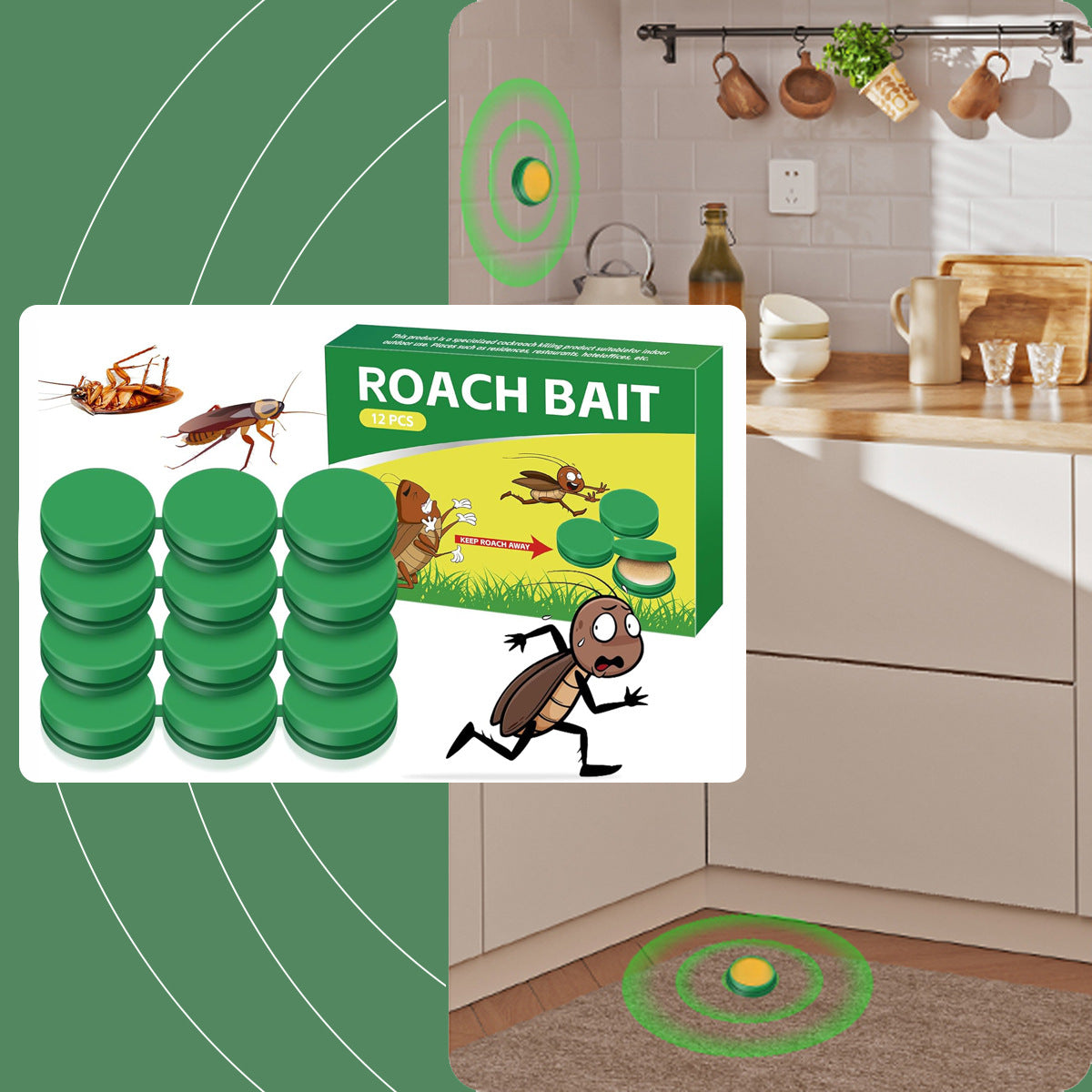 Roach bait packaging with roaches and a kitchen background