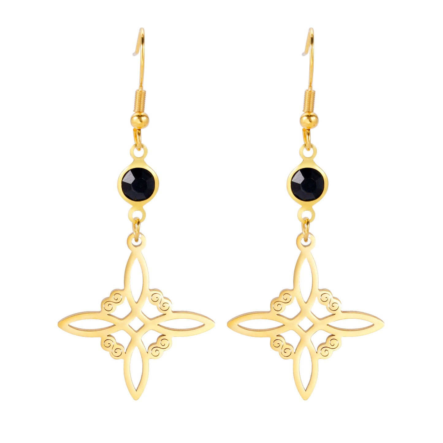 Gold earrings with black stones on a white background