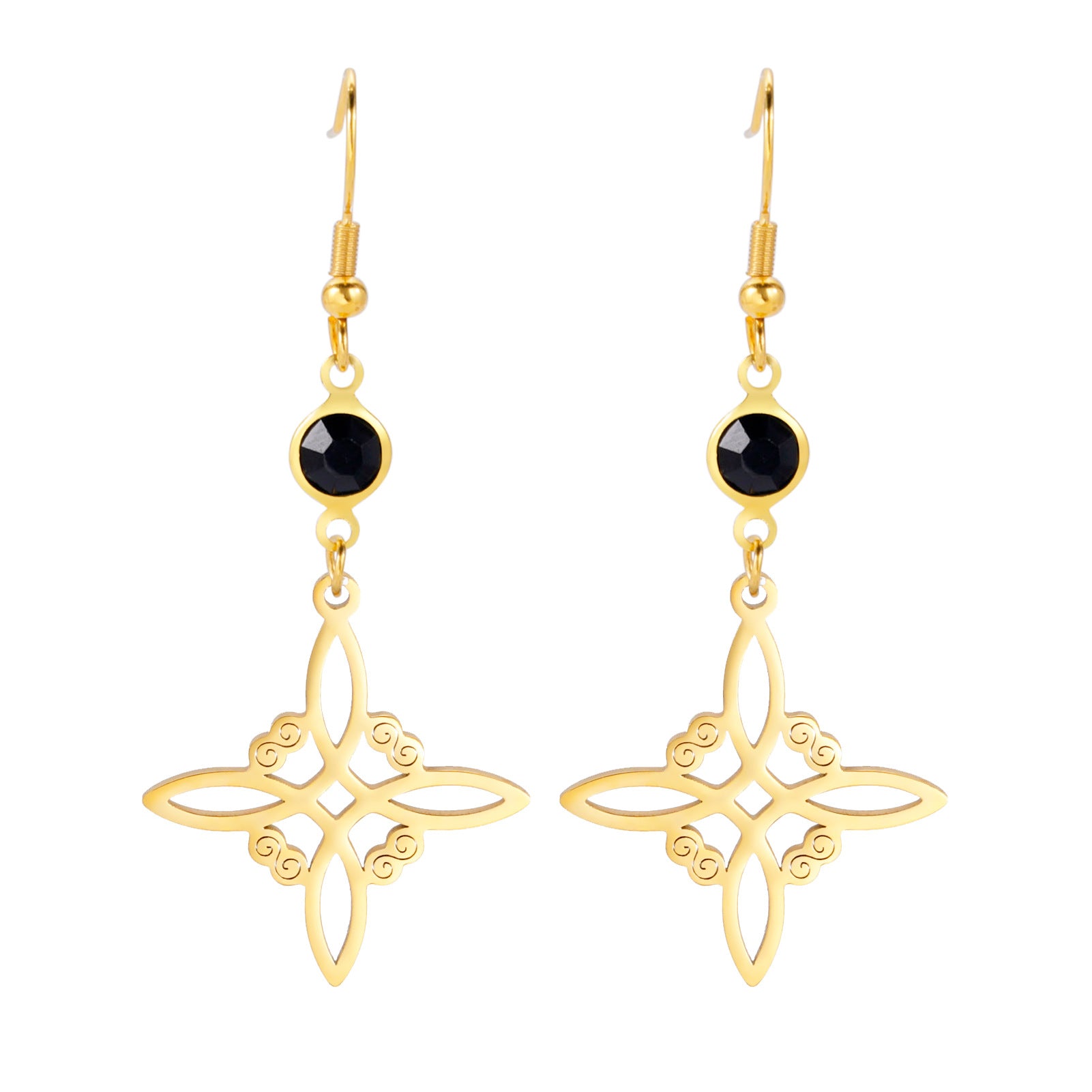 Gold earrings with black stones on a white background