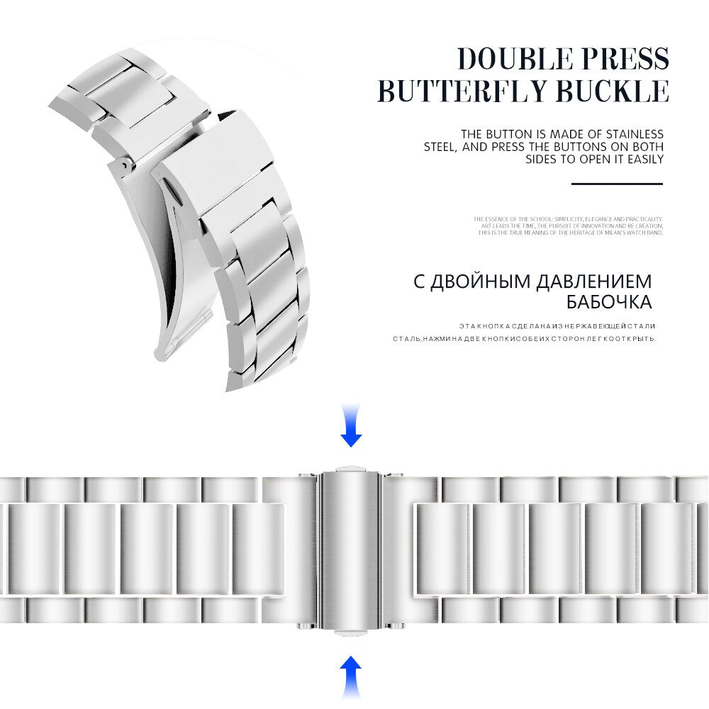 Silver watch strap with butterfly buckle on a white background