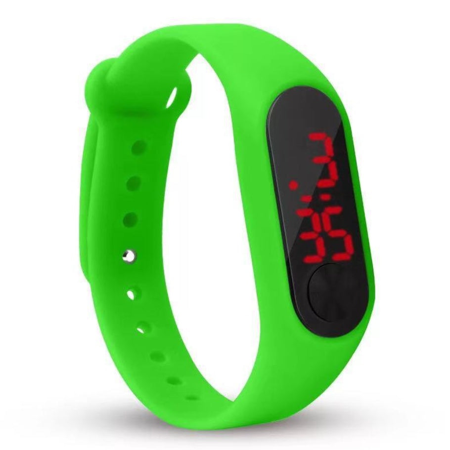 Green digital watch with red LED display on a white background