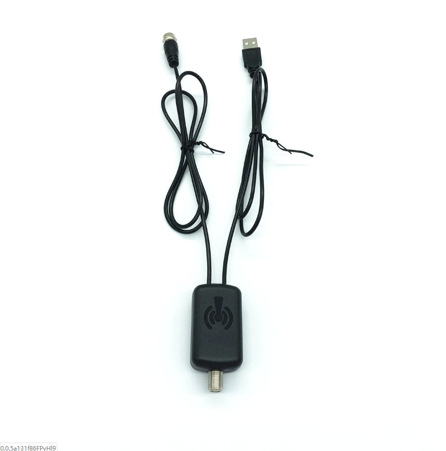 Black electronic device with USB cable on a white background