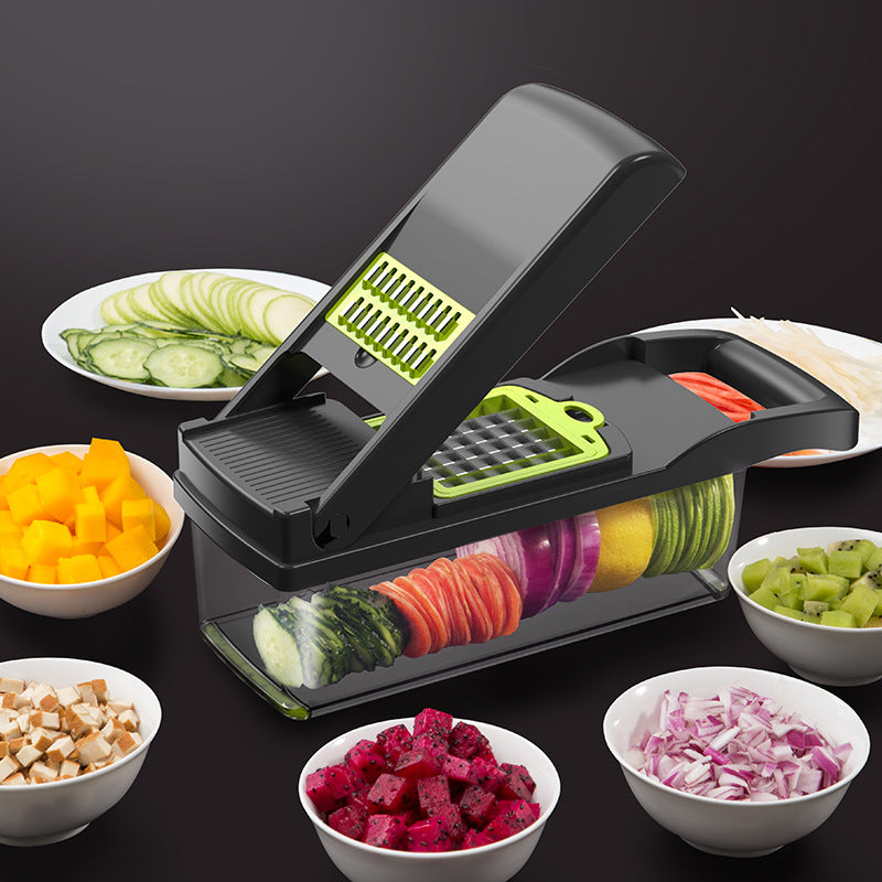 Multifunctional vegetable chopper with sliced vegetables on a dark background