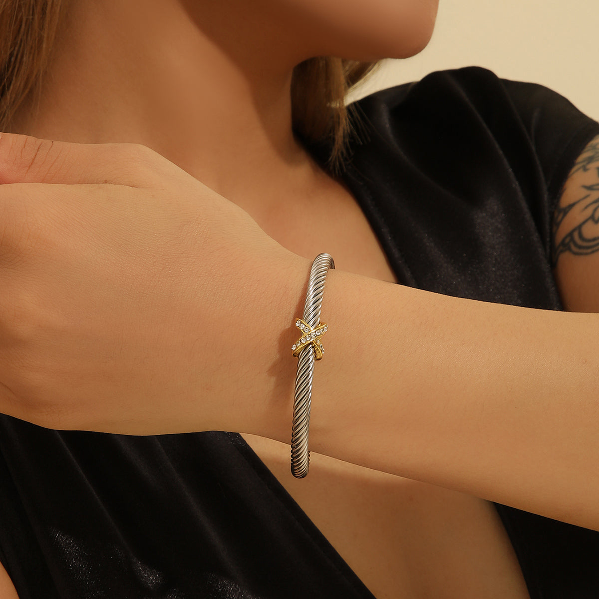 Stainless Steel Zircon Rope Bracelet | Gold & Silver Dual-Tone Unisex Bangle