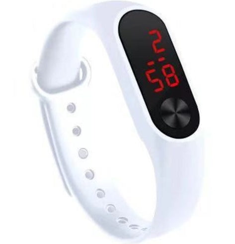 White digital watch with red LED display on a white background