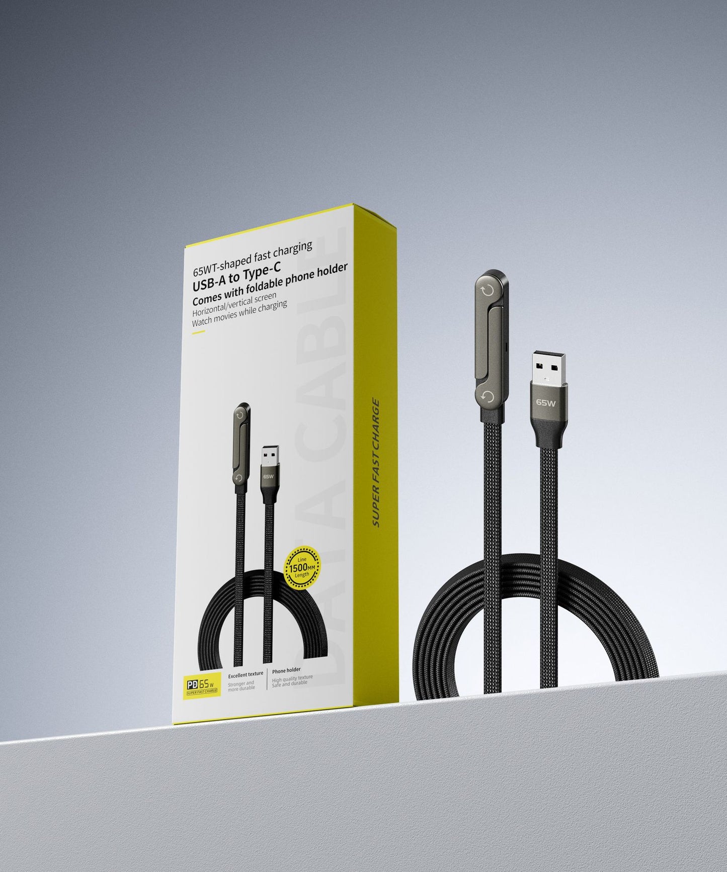 Black charging cable with a yellow and white box on a gray background
