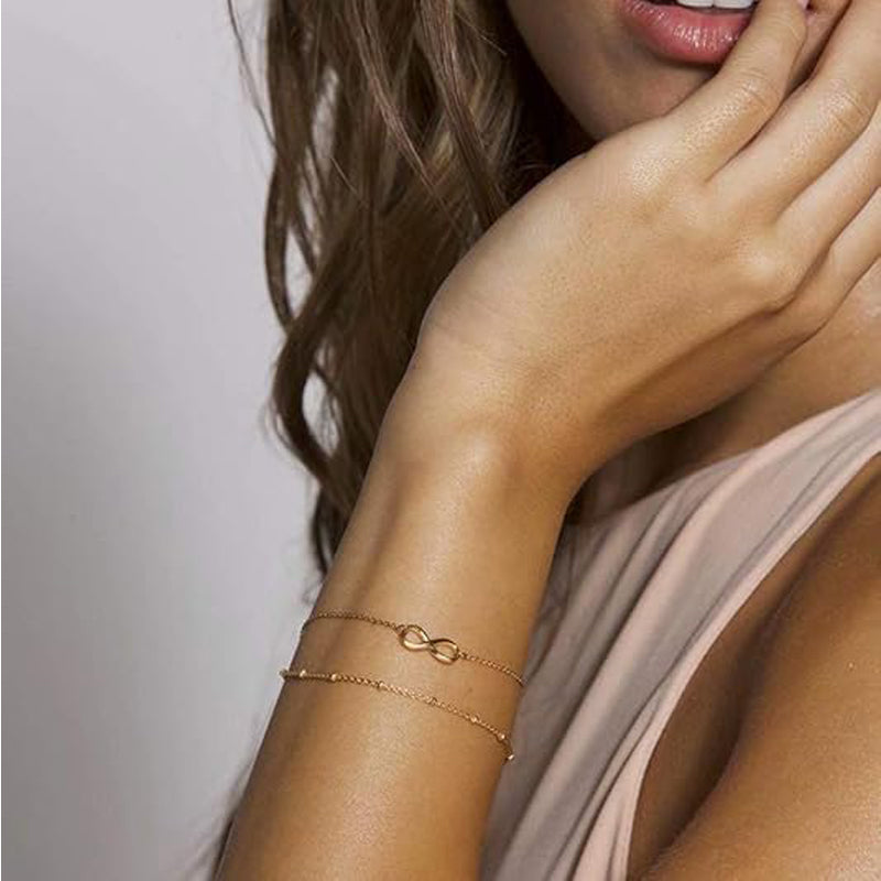 Dainty Layered Gold Bracelet for Women – 14K Gold Plated Oval Chain, Bar & Bead Adjustable