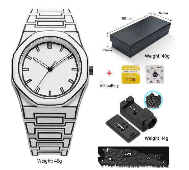 Silver watch with packaging, battery, and tools on a white background
