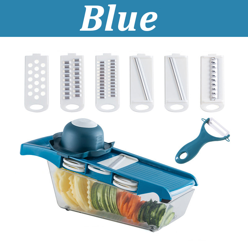 Blue vegetable slicer with multiple attachments and a peeler on a white background.