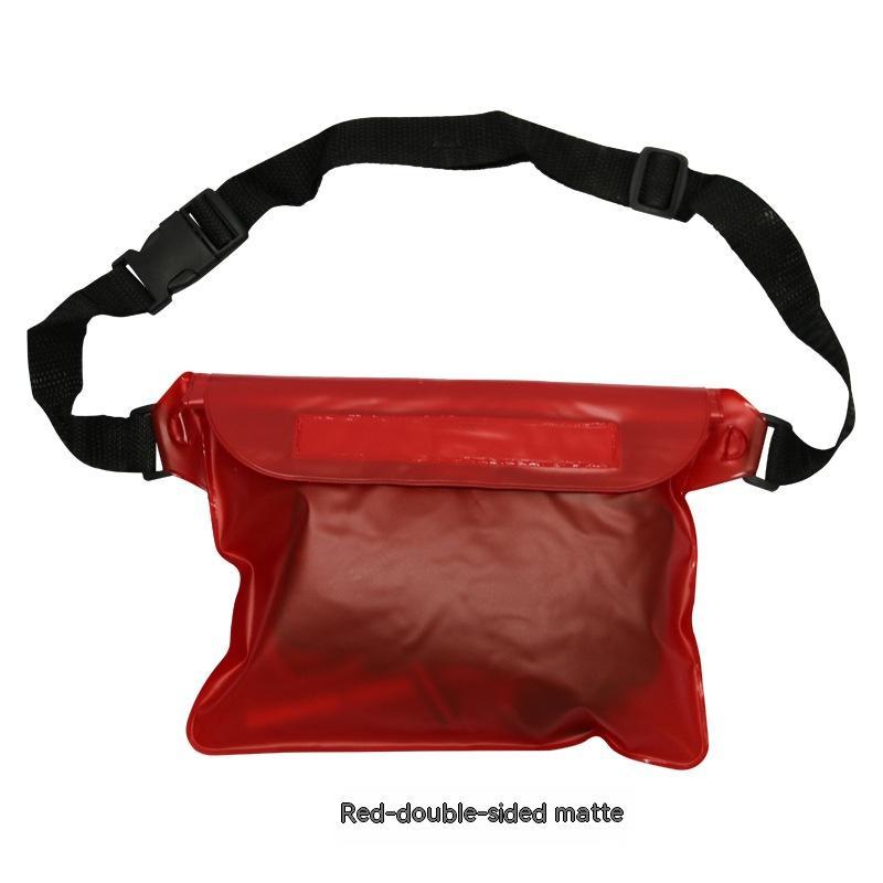 Red waist bag with a black strap on a white background