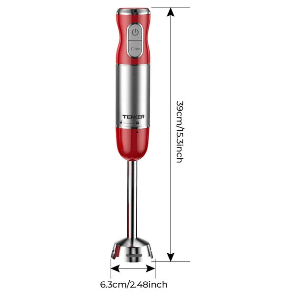 Red and silver immersion blender with measurements on a white background