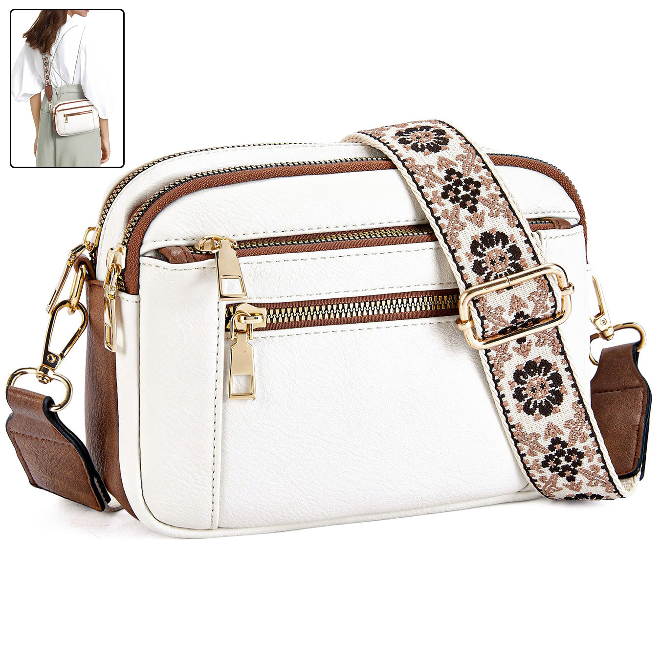 Floral Embroidered Crossbody Bag - Triple-Zip Colorblock Shoulder Bag for Women