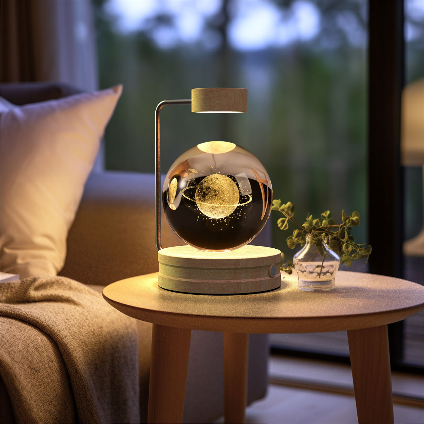 Decorative lamp with planetary design on a small table in a cozy room.