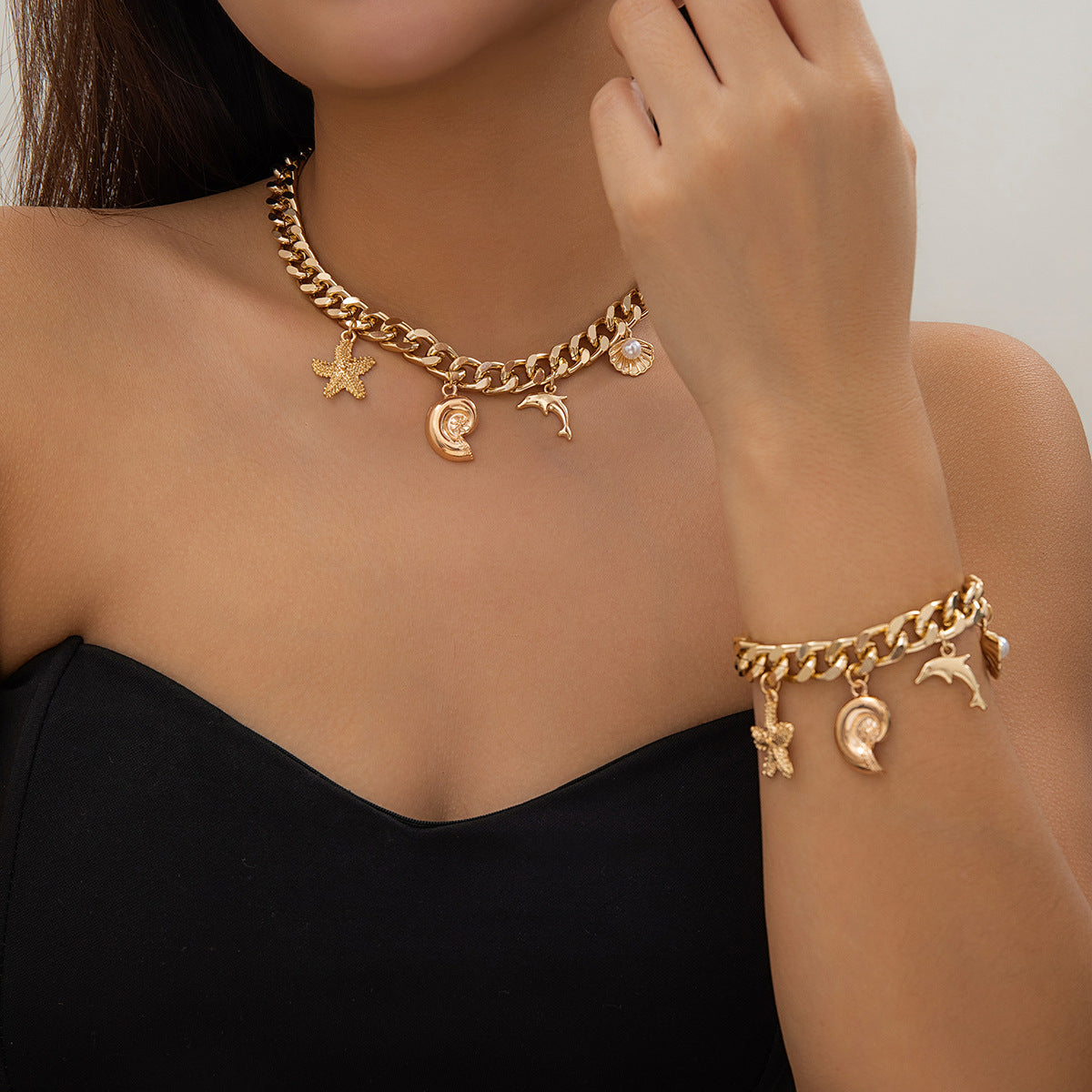 Boho Conch Dolphin Starfish Choker Necklace & Bracelet | Gold Vintage Tassel Jewelry for Women