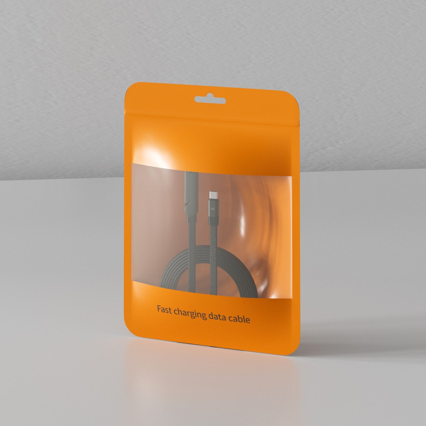 Orange packaging of a fast charging data cable on a gray background