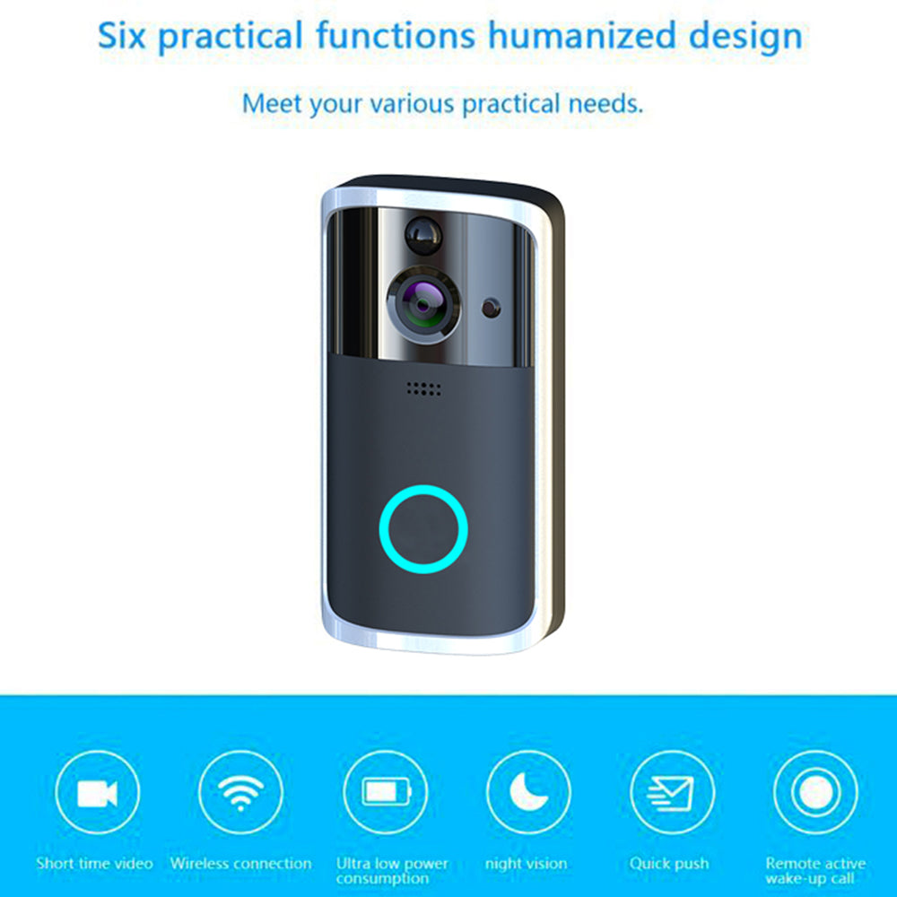 Smart doorbell with features highlighted on a white background