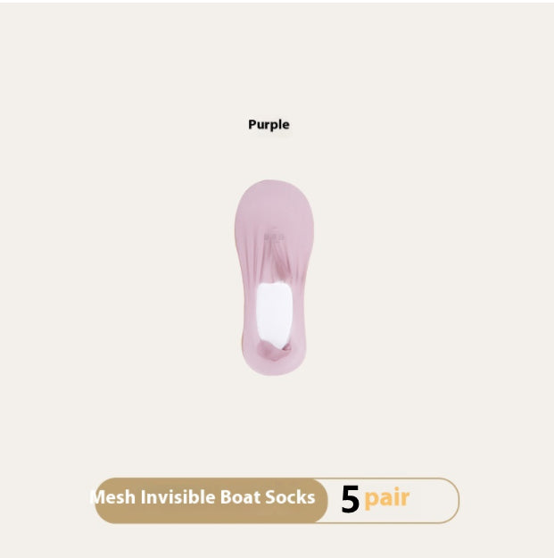 Purple mesh invisible boat sock on a beige background with text indicating '5 pair' and product name.