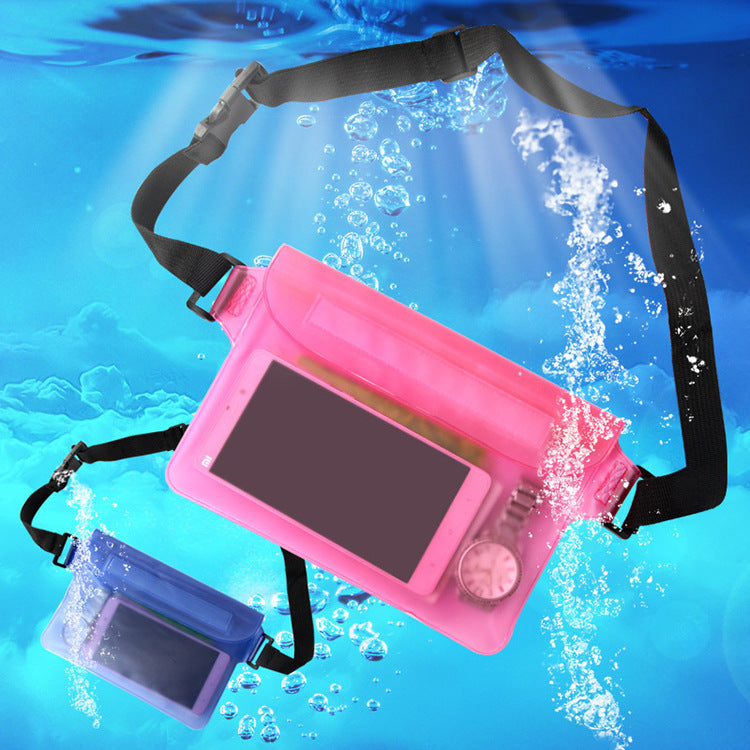 Pink waterproof bag with black strap on a blue underwater background
