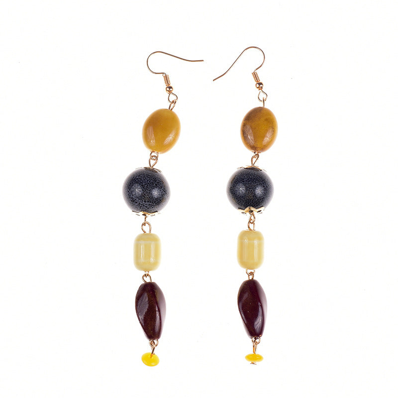 Pair of earrings with multicolored beads on a white background