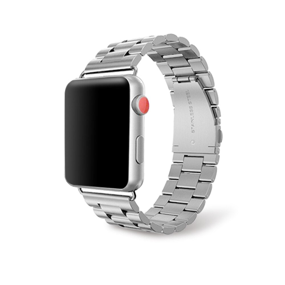 Smartwatch with a silver metal band on a white background
