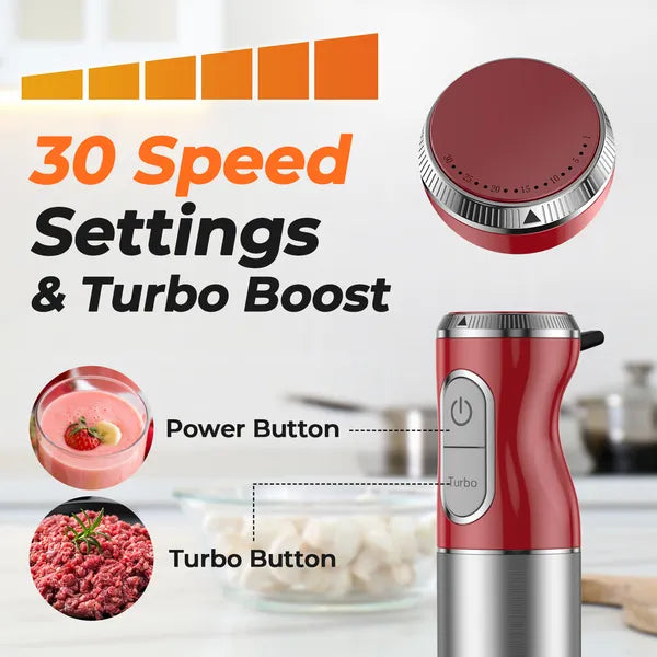 Red handheld blender with 30 speed settings and turbo boost feature, shown with ingredients and a kitchen background.