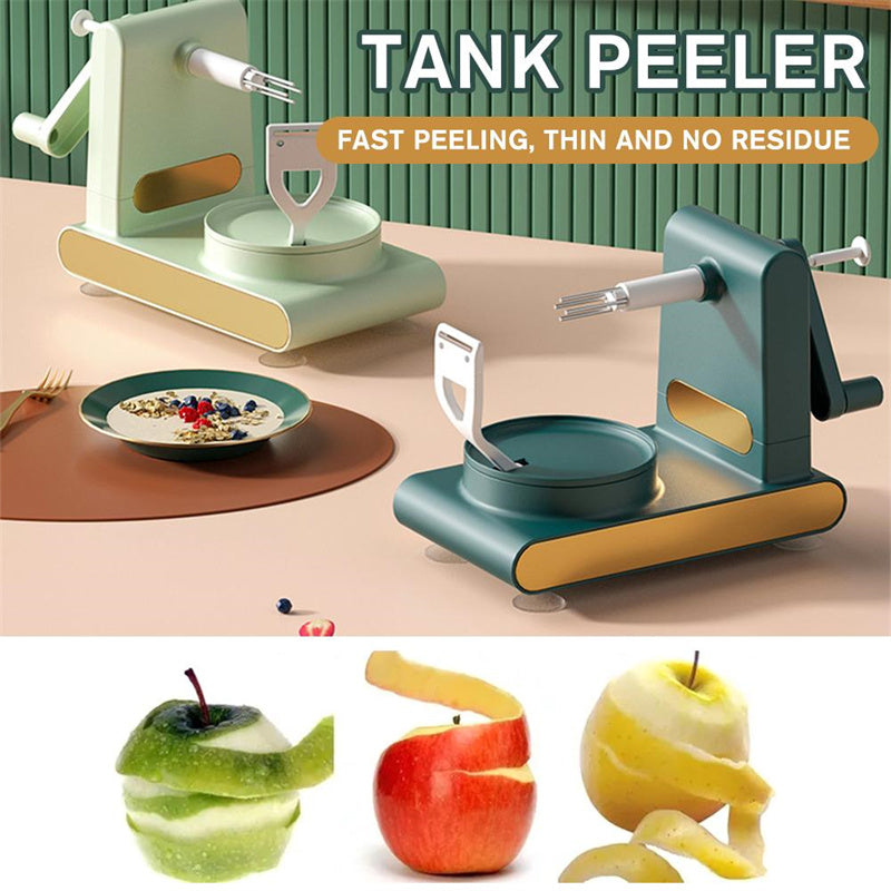 Tank peeler with a bowl of fruit and peeled apples on a table.