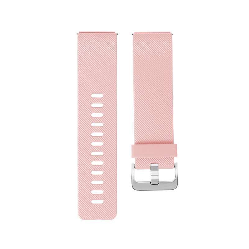 Pink watch strap with silver buckle on a white background