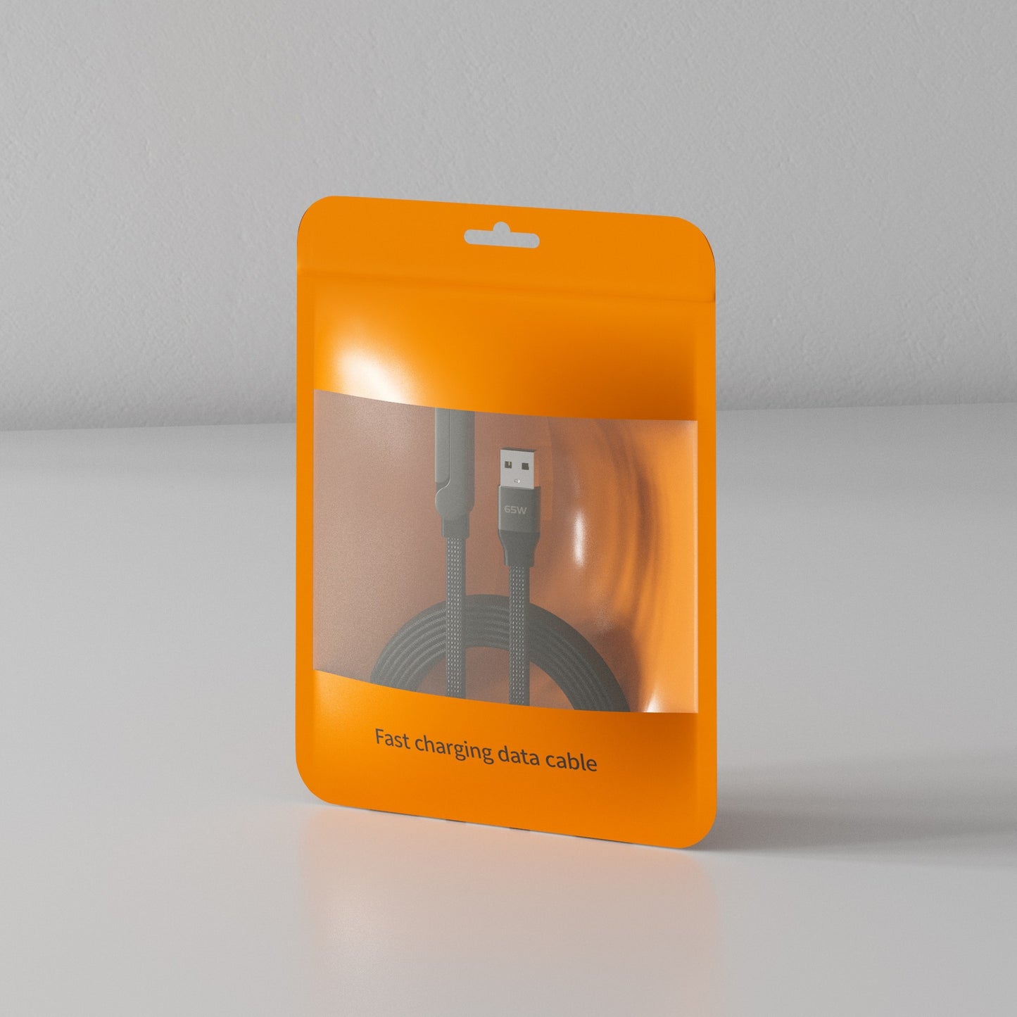 Orange packaging of a fast charging data cable on a gray background