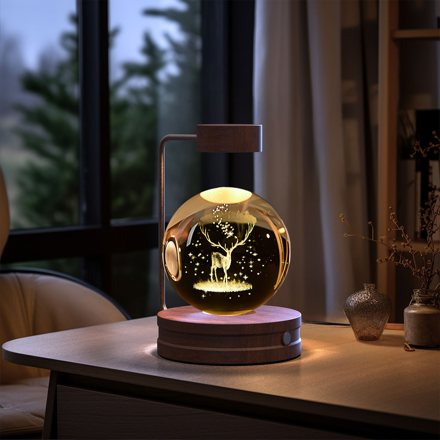 Decorative lamp with a deer inside a glass sphere on a table.