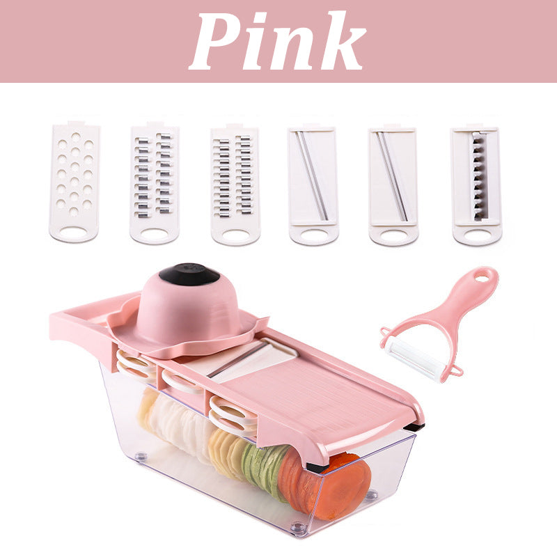 Pink kitchen tool set with various attachments on a white background