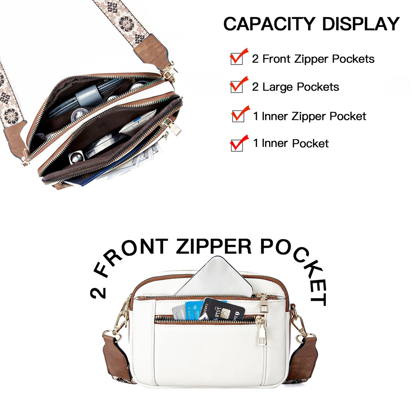 Floral Embroidered Crossbody Bag - Triple-Zip Colorblock Shoulder Bag for Women