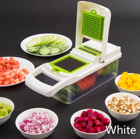 Multifunctional kitchen slicer with sliced vegetables and fruits on a black background