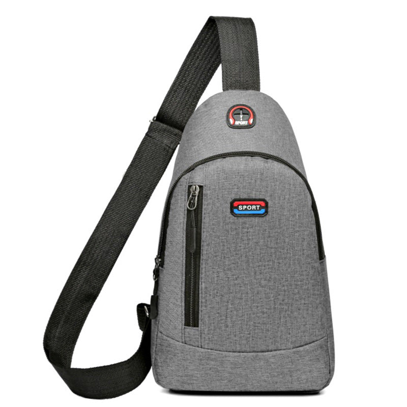 Gray sling bag with a visible brand logo on a white background