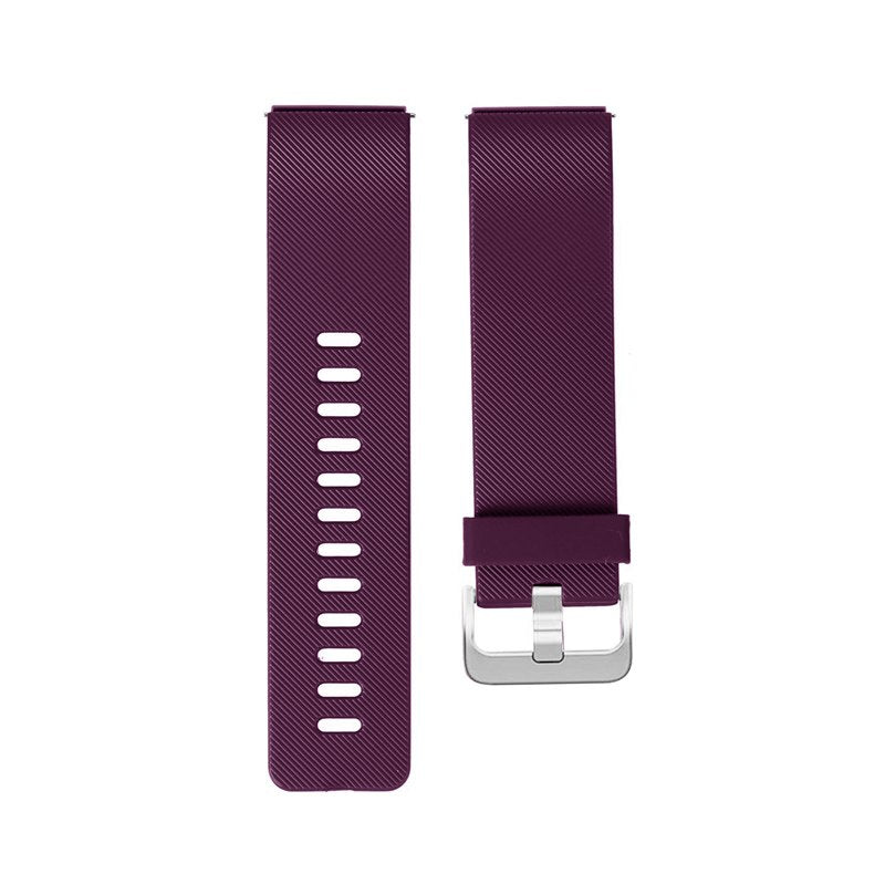 Purple watch strap with silver buckle on a white background
