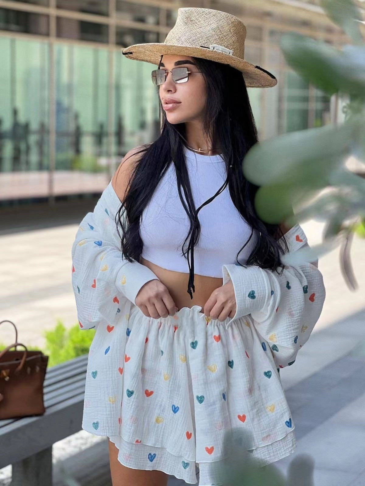 Women's Cotton Linen Two-Piece Set - Casual Heart Print Outfit