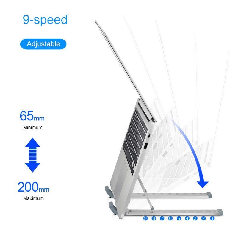 Laptop stand with adjustable height features on a white background