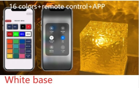 Smart light control system with smartphone app and remote control on a white base.