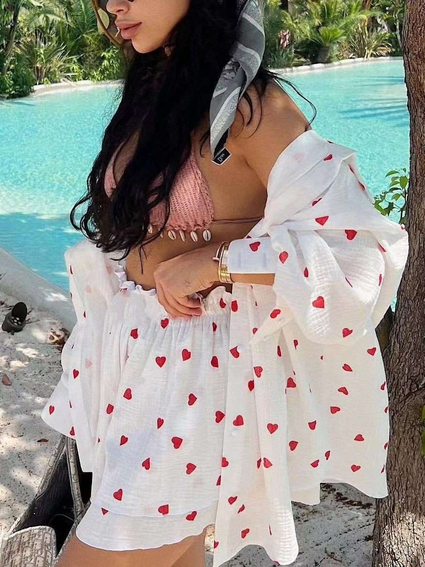 Women's Cotton Linen Two-Piece Set - Casual Heart Print Outfit