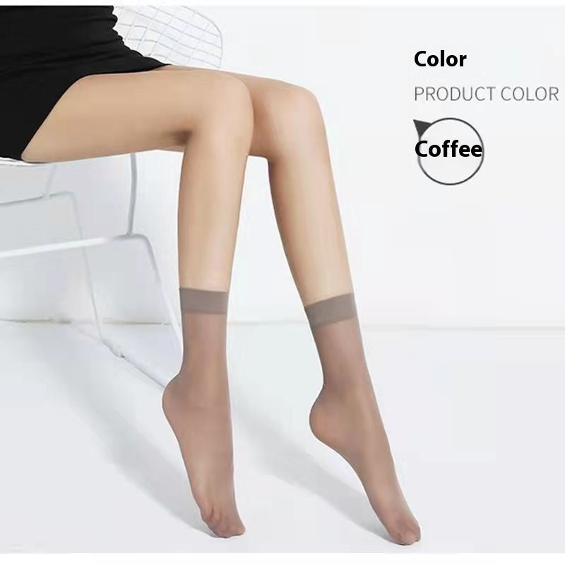 Legs wearing sheer coffee-colored stockings on a white background