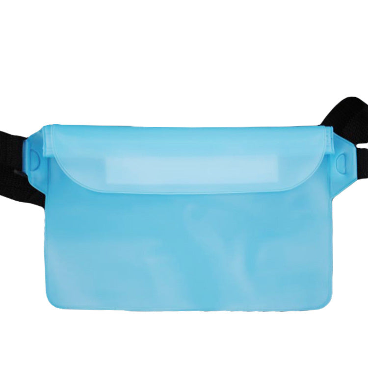 Blue waist bag with a black strap on a white background