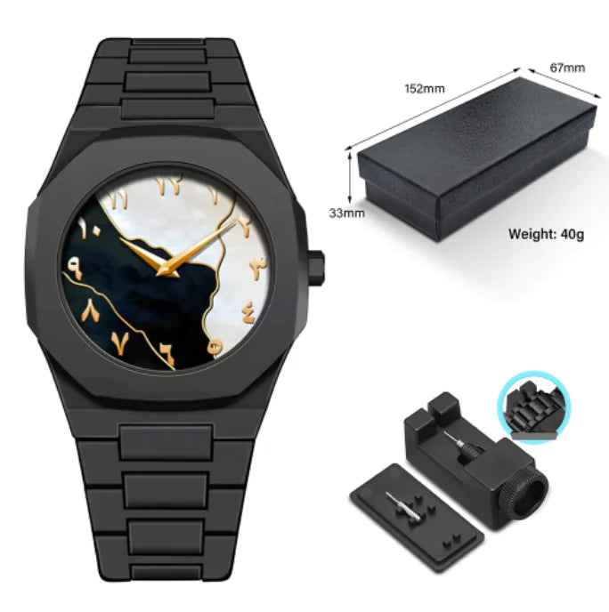 Black watch with detailed face, packaging, and components on a white background